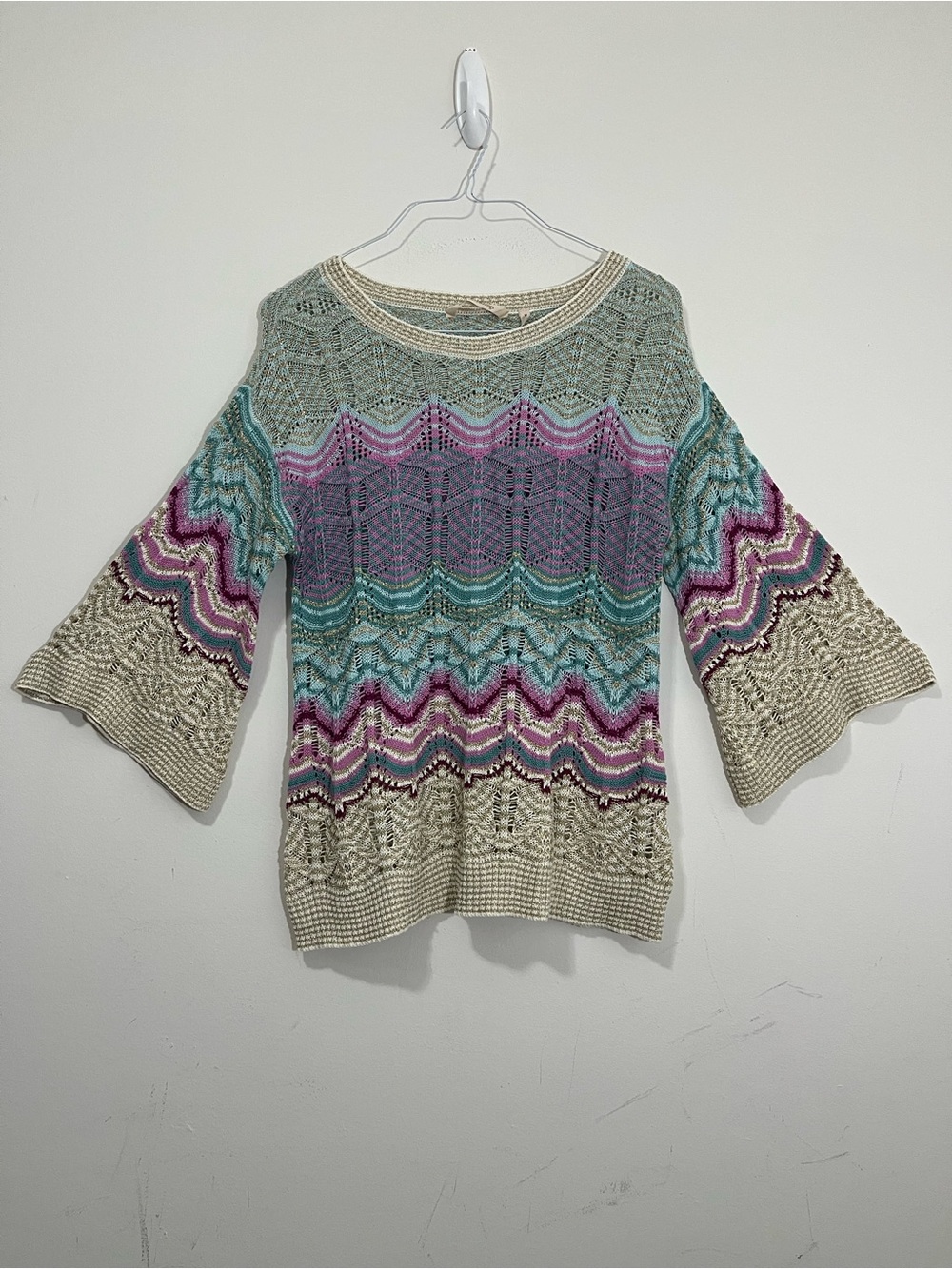 Soft Surroundings Bohemian Pastel Metallic Loose Knit Sweater Top Sz M Hippie